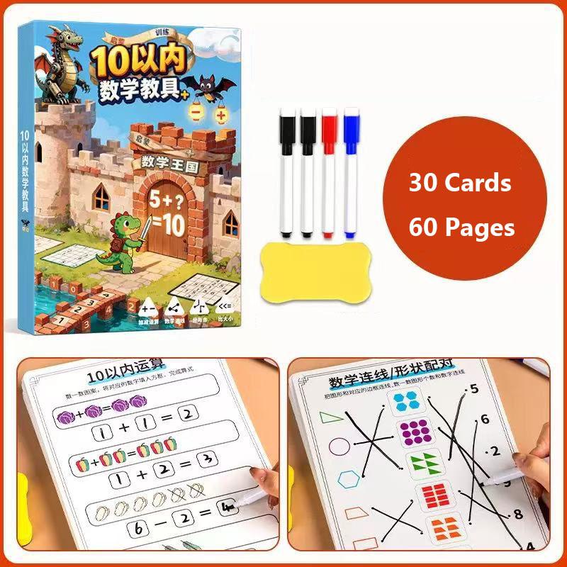 

60 Pages Math Counting Flash Cards & Workbook, Within 10 Addition Subtraction Learning Toy, Reusable Pen Control Set