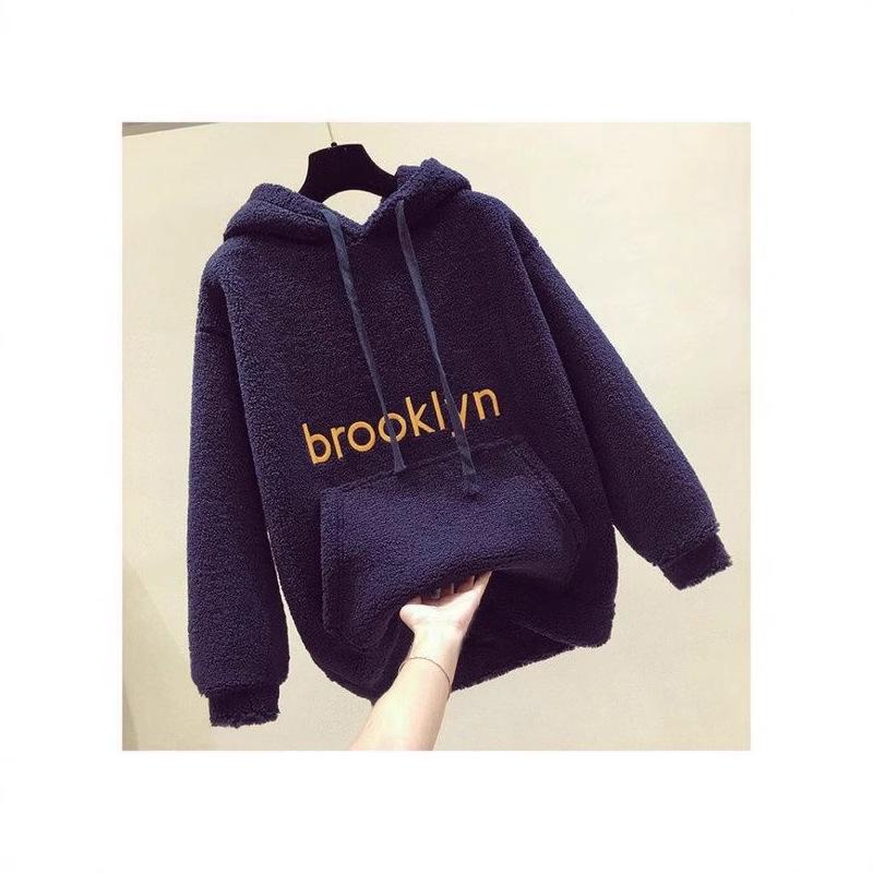 Women's 2024 Autumn/Winter Korean Style Lambswool Hooded Sweatshirt - Loose Fleece-Lined Thick Top