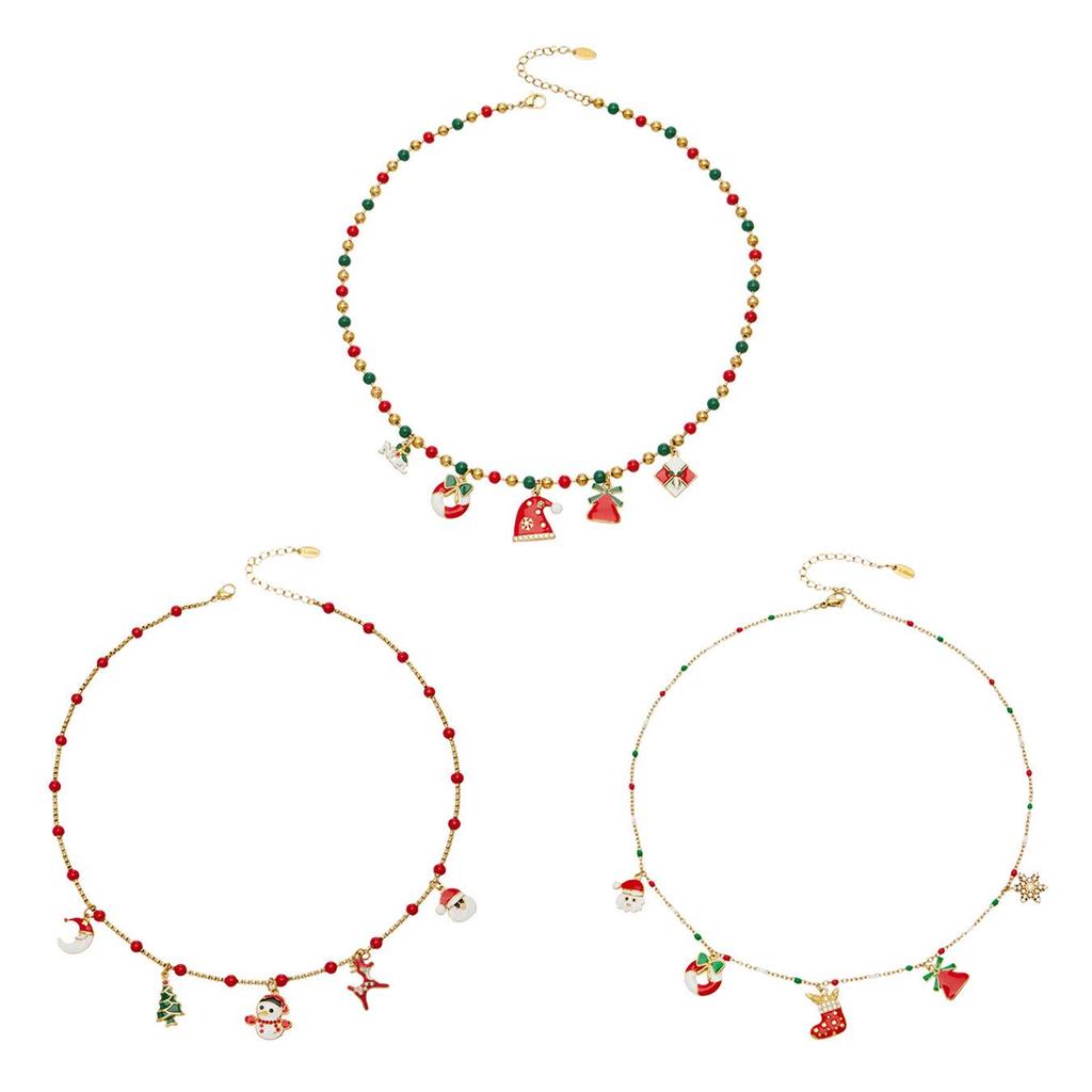 Santa Claus Stainless Steel Pendant Necklace with Drip Oil Beads for Women – European & American Christmas Style