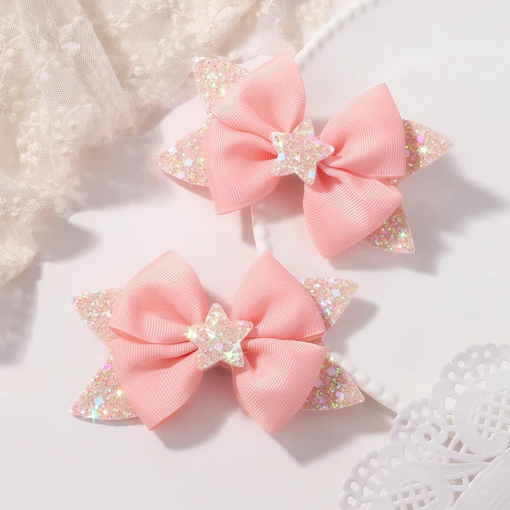 RAINBOW BOWS 2Pcs 4.33inch Star Glitter Bow Hair Clips for Girls Boutique Ribbon Dovetail Bow Barrette Headwear Hair Accessories