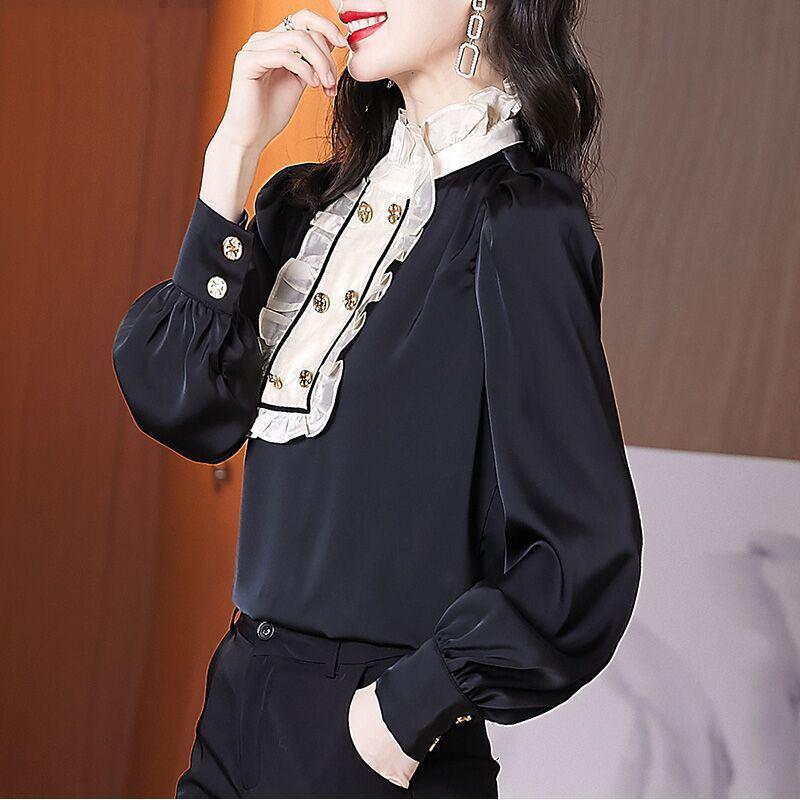 Vintage Office Lady Ruffles Shirring Bright Silk Solid Shirt Spring 2022 Ruffled Neck Long Shirt Sleeve Slim Top Womens Clothing