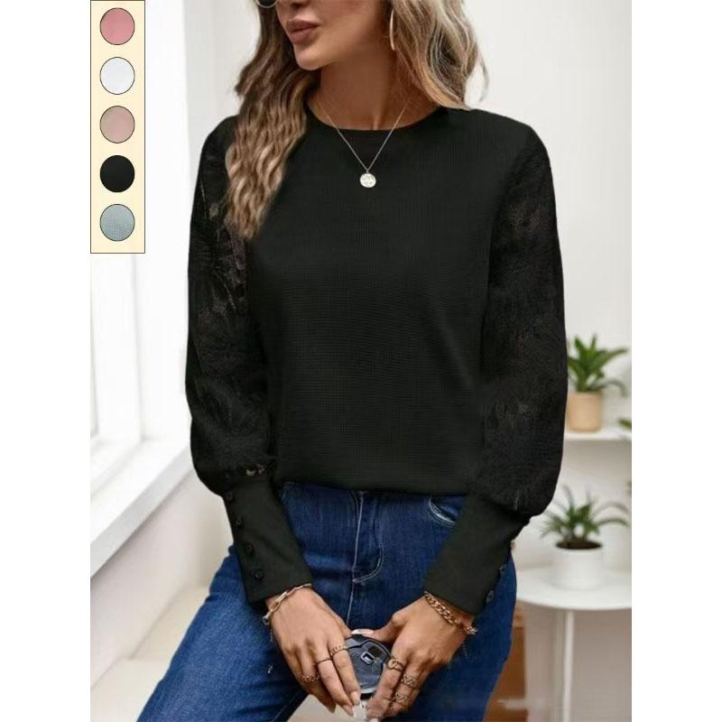 Women Winter Button Solid Color Long Sleeved Women Pullover Round Collar Jacquard Black Shirts Comfortable Flowers Woman Clothes
