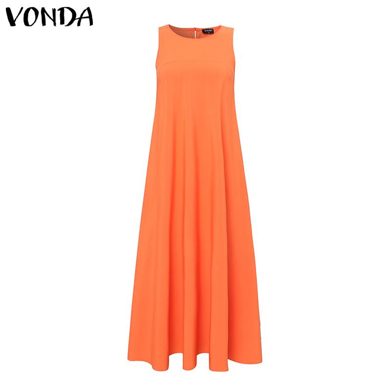 VONDA Summer Women Round Neck Sleeveless Solid Color Holiday Beach Long Pleated Dress