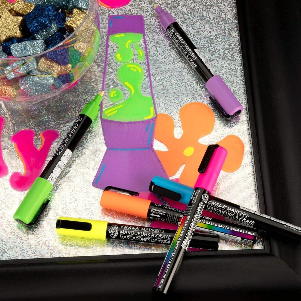 6 Piece Neon Chalk Markers Set Non-Toxic Liquid Chalk Multi-Surface Easy Clean Fine Point Reversible Tip Ideal Artists Crafters