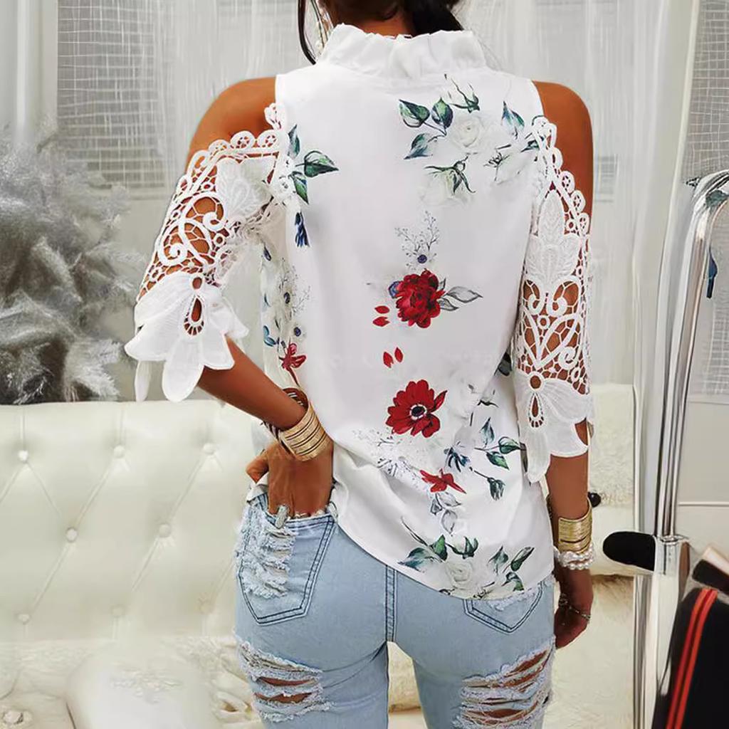 Sommer Neues Damenoberteil Geblümt Schulterfrei Spitze Spleißen Langarm T-Shirt für Damen