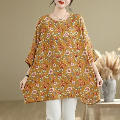 Summer New Artistic Plus Size Loose Print Round Neck Three Quarter Sleeve T-shirt