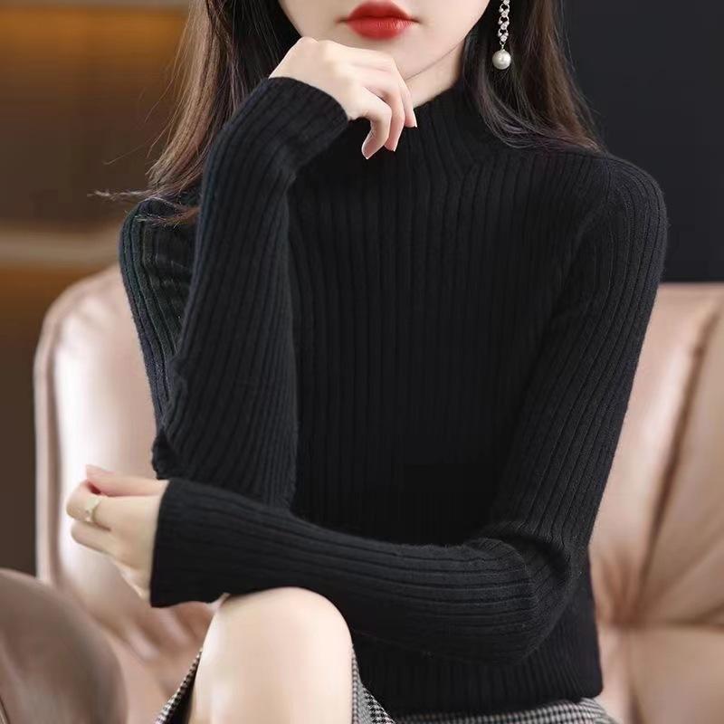 Solid Color Semi-turtleneck Bottoming Shirt Women's Inner High-end Sense Fashion Versatile Vertical Stripe Slim-fit Knitted Sweater Spring