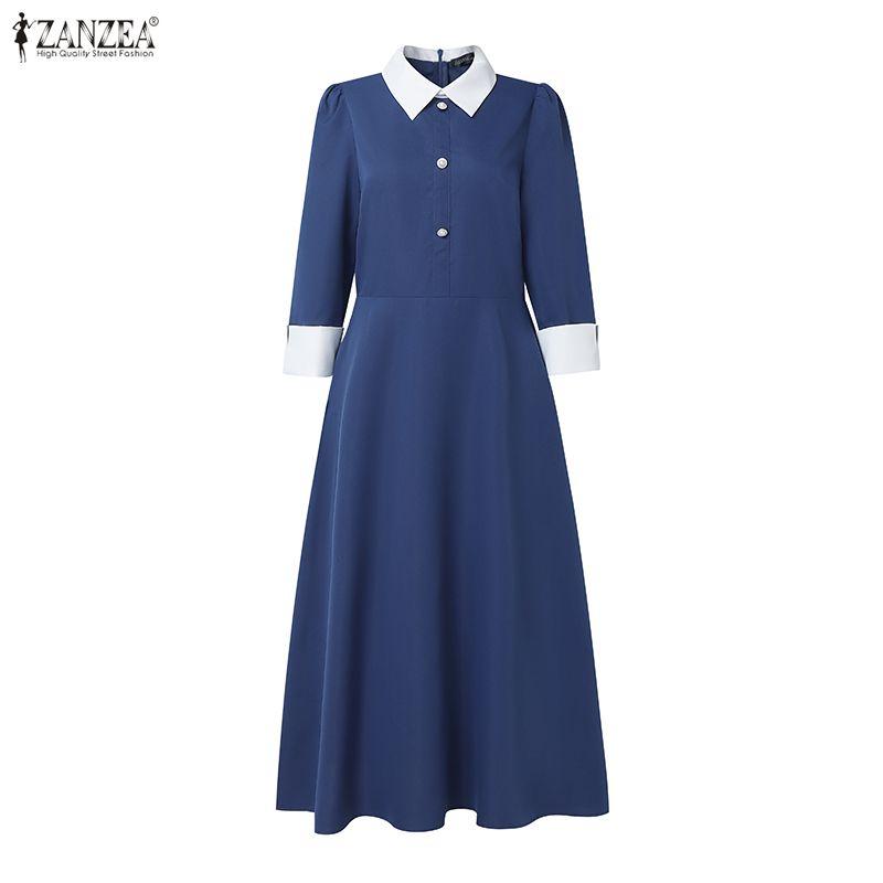 ZANZEA Women Splice Collar 3/4 Sleeve Casual Long Dress