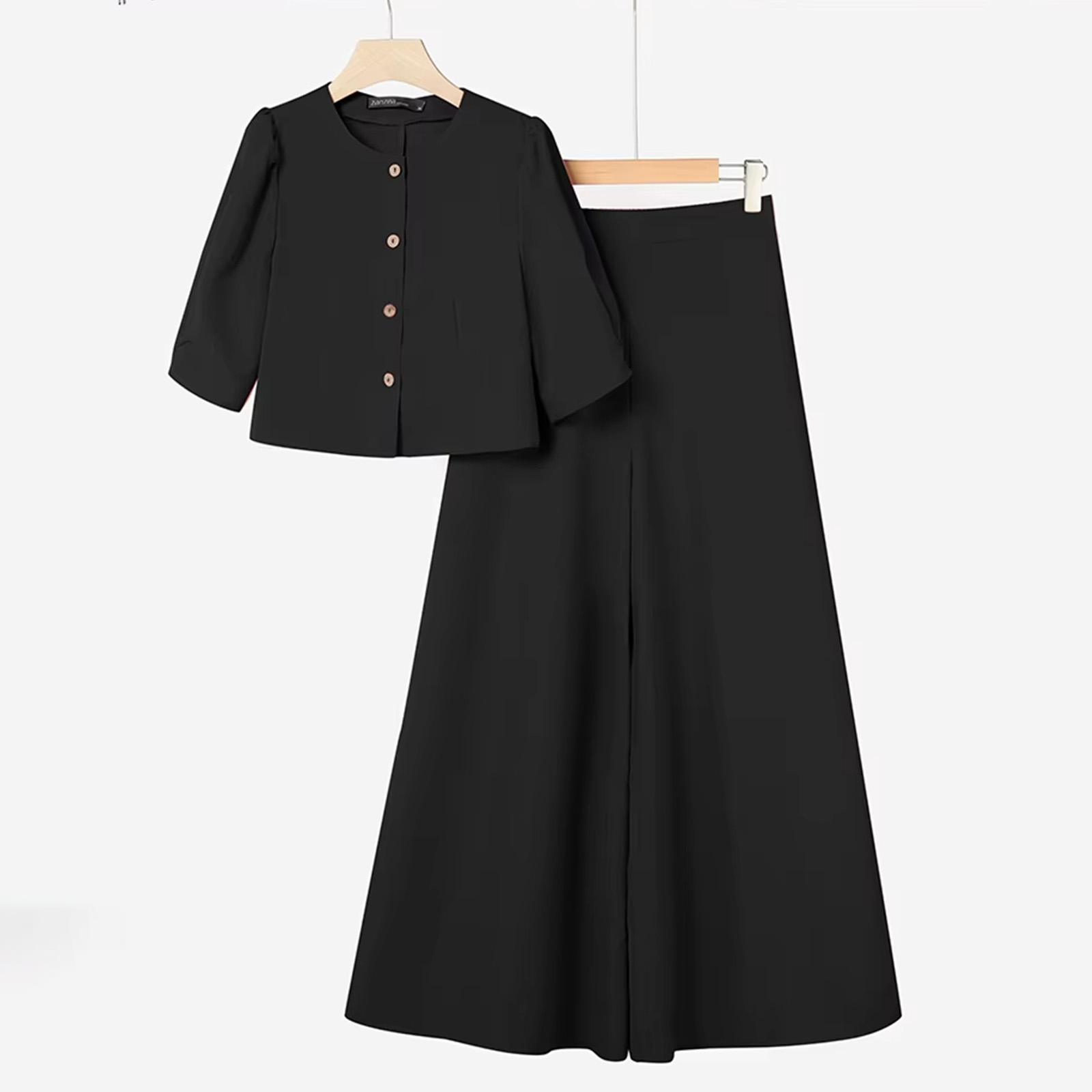 

Женский модный комплект из двух предметов: топ с коротким рукавом и брюки S чёрный