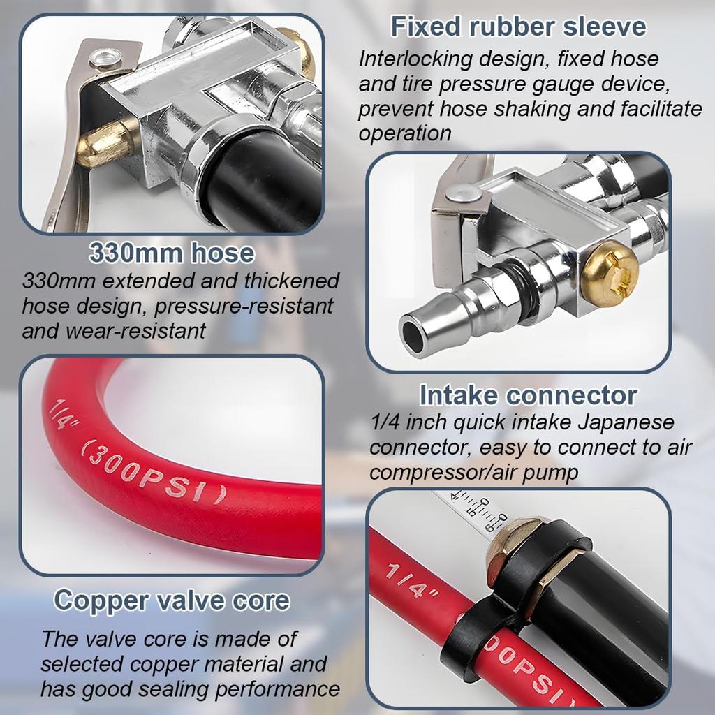 Heavy Duty Bayonet Style Tire Inflator With Air Chuck, 0-200PSI 17PCS Auto Tire Pressure Gauge With 4 Way Tool & Valve Core, Air Compressor
