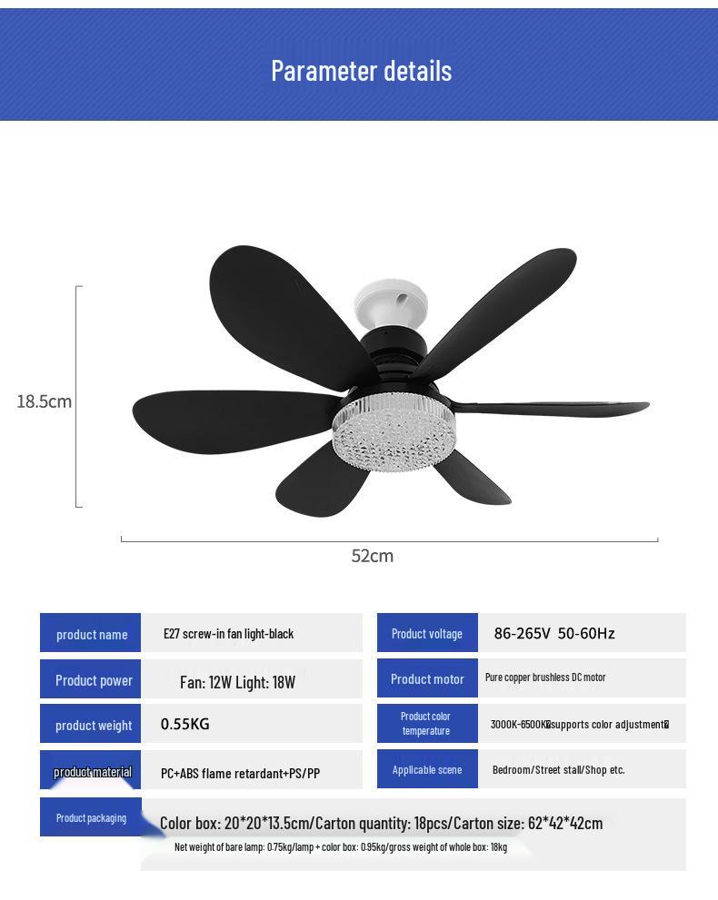 Luz LED con Ventilador - Rosca E27, Fácil Instalación, Control Remoto Silencioso, Tricolor, Diseño de Seis Palas para Dormitorio Infantil.