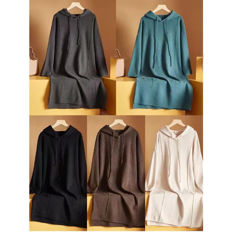 Autumn and Winter New Hooded Casual Sweatshirt Knitted Dress Loose Design Lazy Medium and Long Sweater