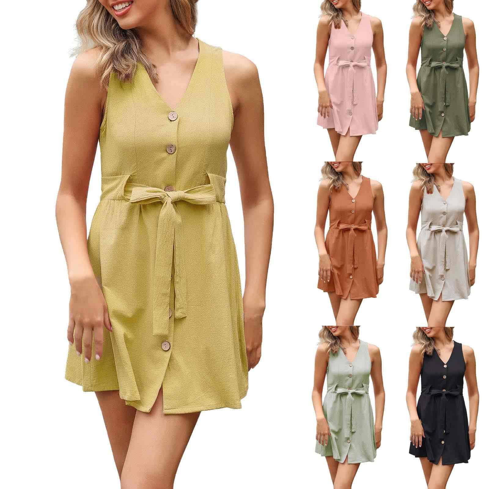 

Женская мода повседневное платье-майка без рукавов с v-образным вырезом на шнуровке и бантом