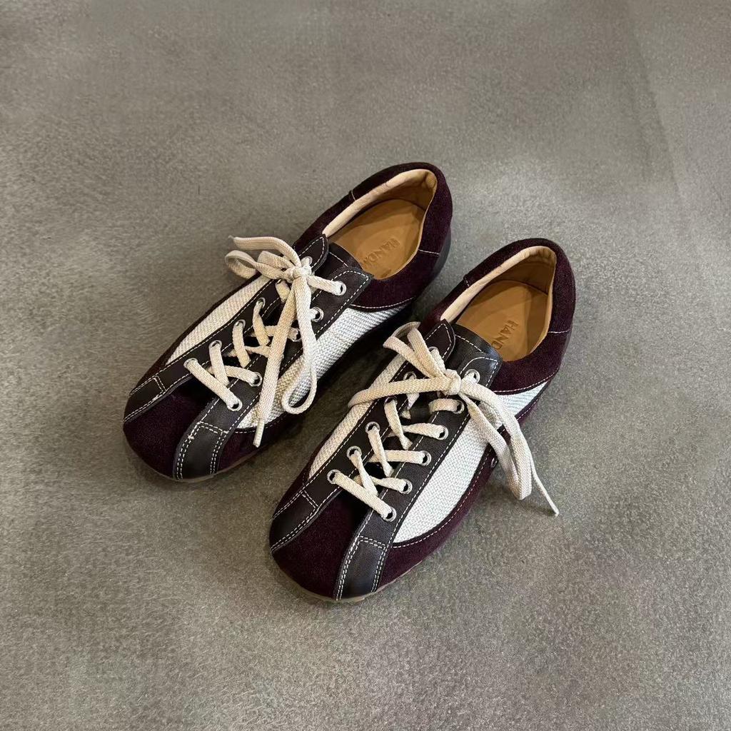 Sheepskin version~ 2025 new retro casual color matching sports flat-bottomed Forrest Gump shoes round head lace-up German training shoes women's