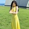 Yellow Plaid Suspender Dress V-neck Neck Waist Long Dress Summer Spice Girl Design Sense Summer New Models Look Thin