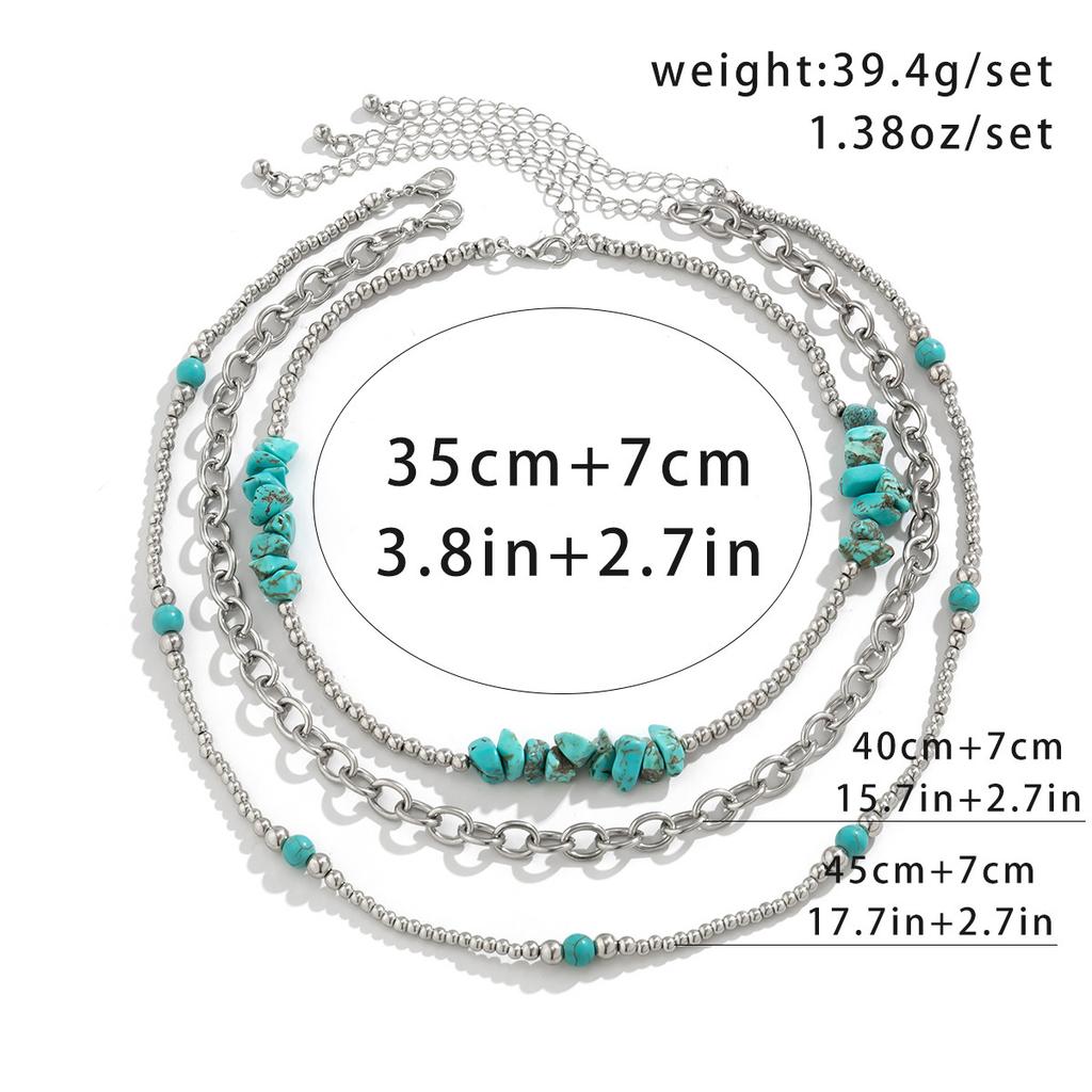 JMXD-3 Piece Set Bohemian Retro Irregular Turquoise Bead Ethnic Necklace Retro Patterned Turquoise Set Necklace