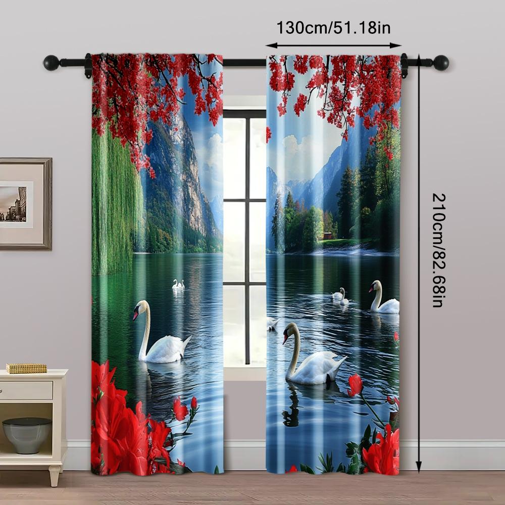 2pc,  Curtains The picturesque forest_ Swan Lake_ seagulls_ fish_ and red blooming flower party Versatile 100% Polyester,Without