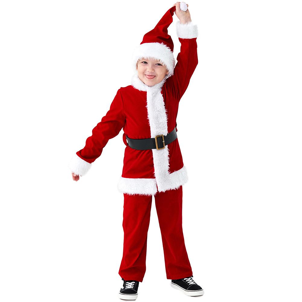 Dětské chlapecké sady Santa Claus Vánoční červená čepice pásek bunda top kalhoty dětské vánoční novoroční cosplay kostýmy předškolní vystoupení role play outfit