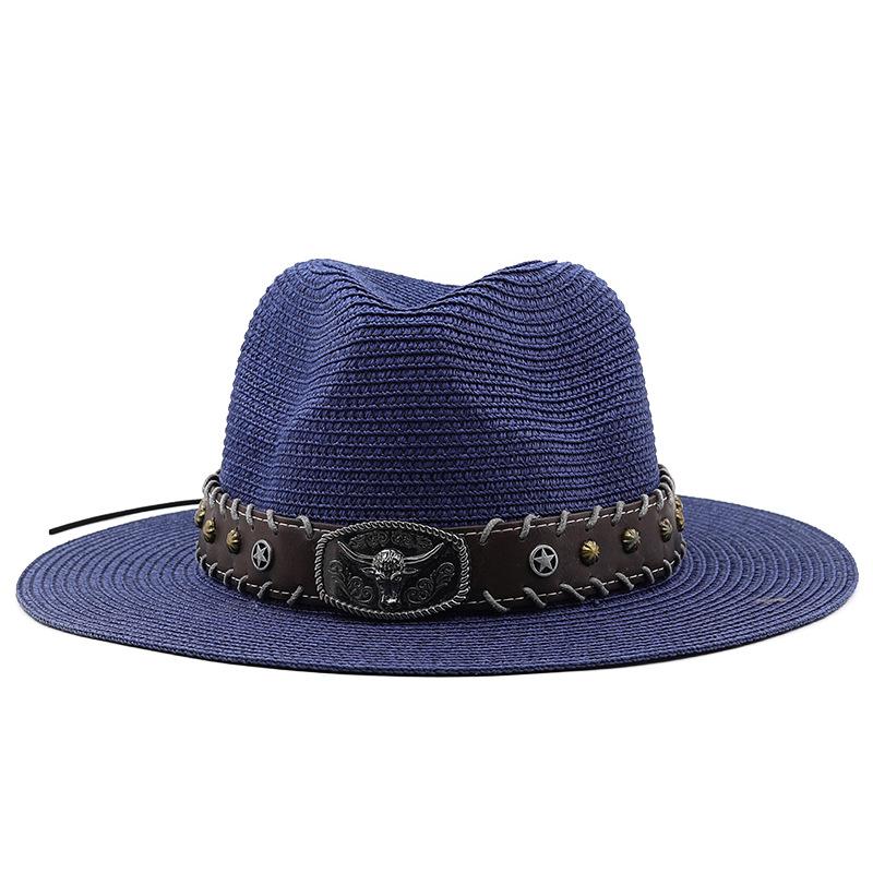 European and American retro literary hats cow head decoration western denim straw hat casual jazz hat men's and women's curved hats