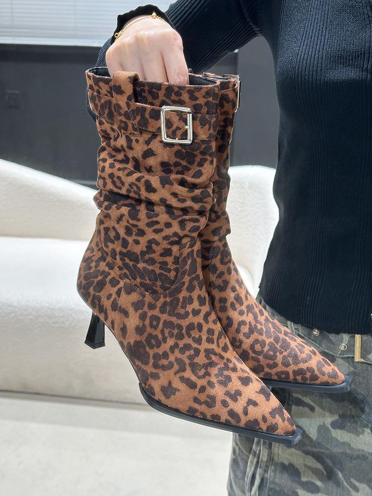 Pointed belt buckle stiletto booties 2025 autumn and winter suede pile boots high heel leopard print booties