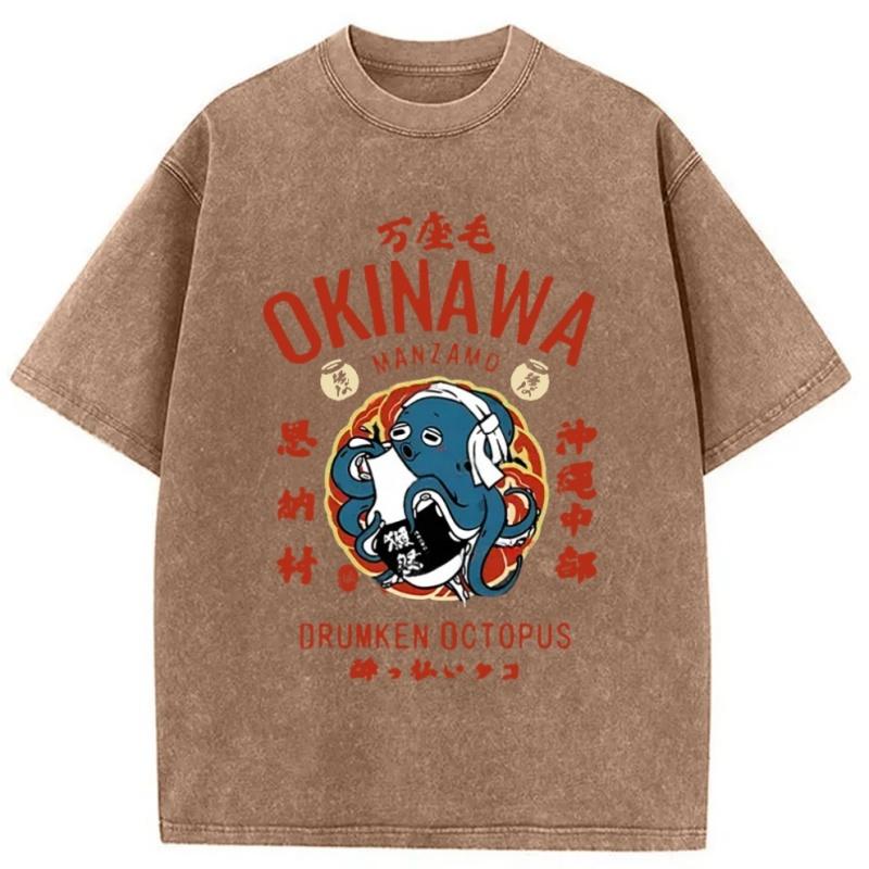 Unisex Fashion Short Sleeve Round Neck Harajuku Y2K Hip Hop Tee Okinawa Drunken Octopus Washed T-Shirt Summer Top