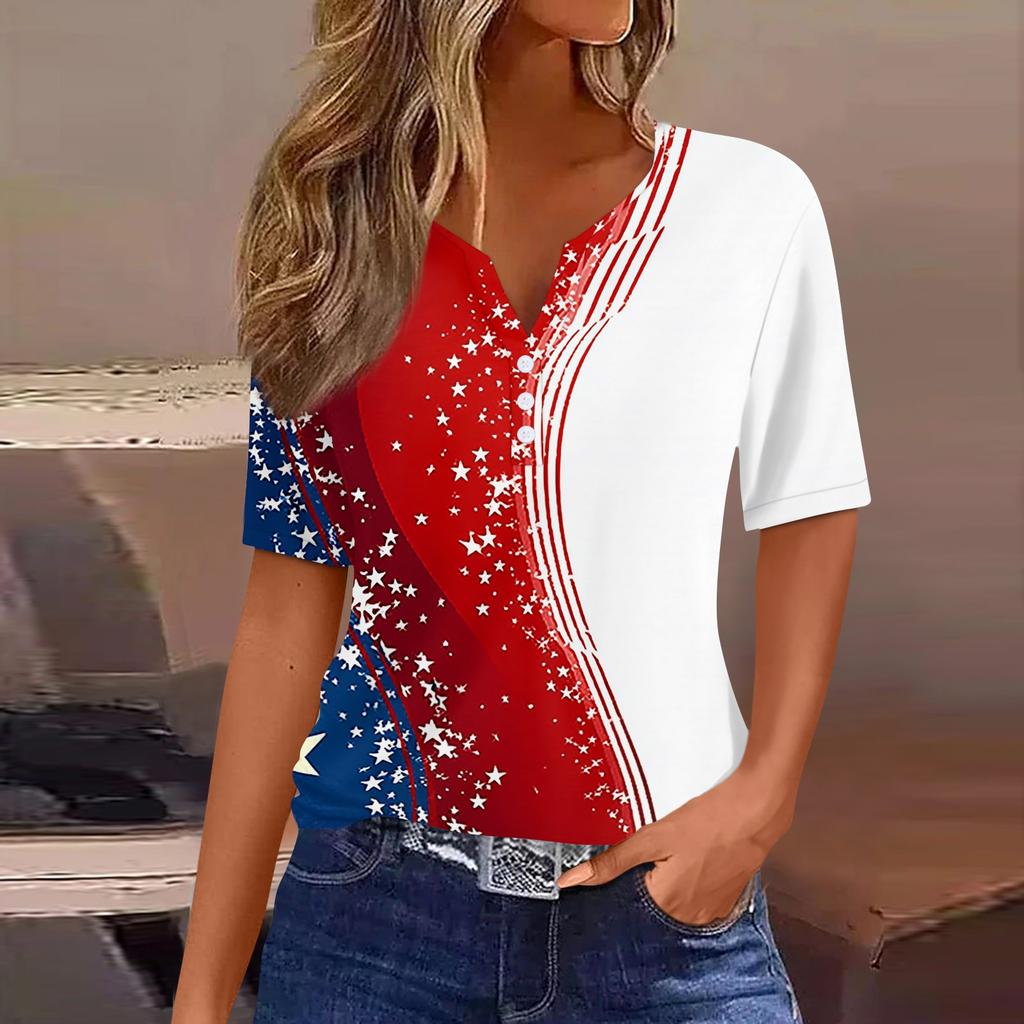 Women's T Shirt Independence Day Print Button Short Sleeve Daily Weekend Fashion Basic V- Neck Regular Top