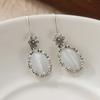 Vintage Silver Color Carving Flower Earrings Ethnic Oval Inlaid with White Stones Dangle Earrings for Women Jewelry