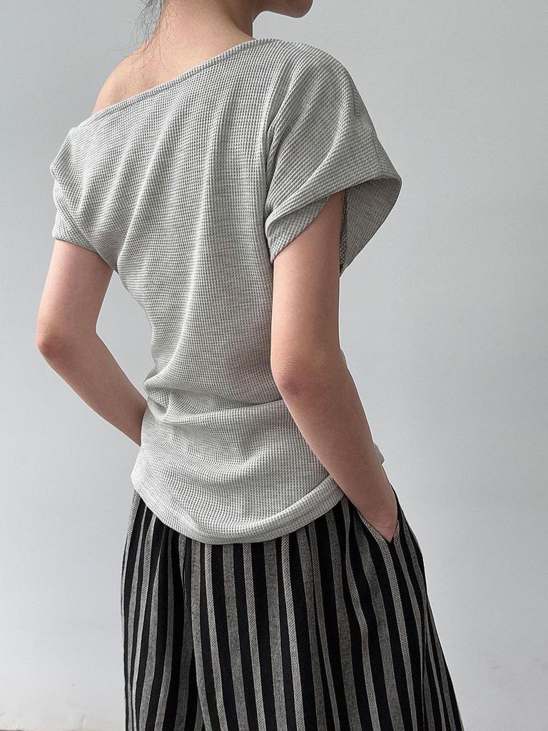 LUXI Asymmetrical One-Shoulder Waffle Knit Top - Summer Slim Fit for Women