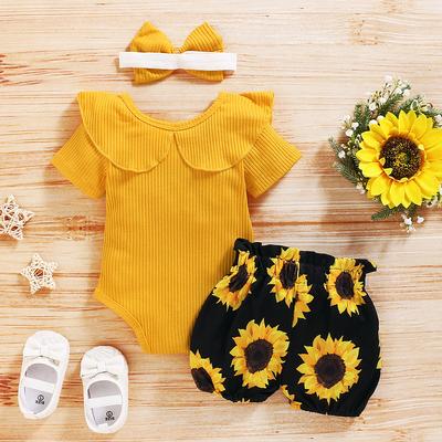 3PCS Baby Girl Clothes Set Short Sleeved Solid Color Ruffled Romper + Sunflower Print Shorts + Bow Headband