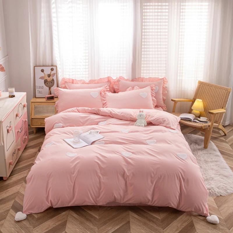 Set de lenjerie de pat Inimi Roz Stil Nordic Lenjerie de pat cu fețe de pernă Textile pentru casă Fete Husă de pilotă respirabilă King Queen Twin