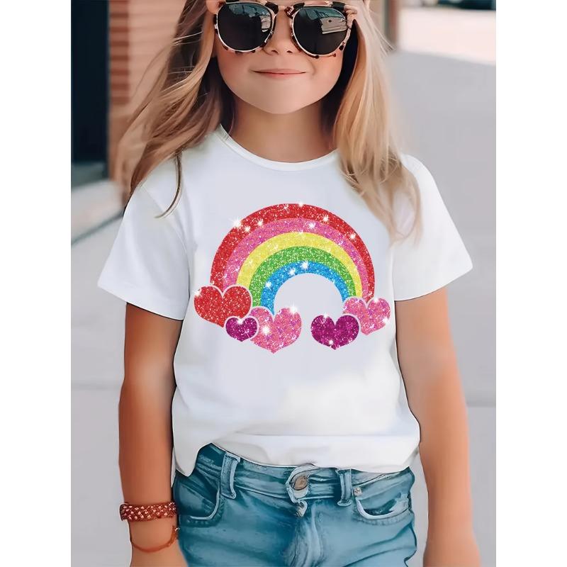 2026 Summer Fashion Girls' Pure Cotton Round Neck Short Sleeve Rainbow Heart Print T-Shirt Casual Versatile Top Trendy Clothing
