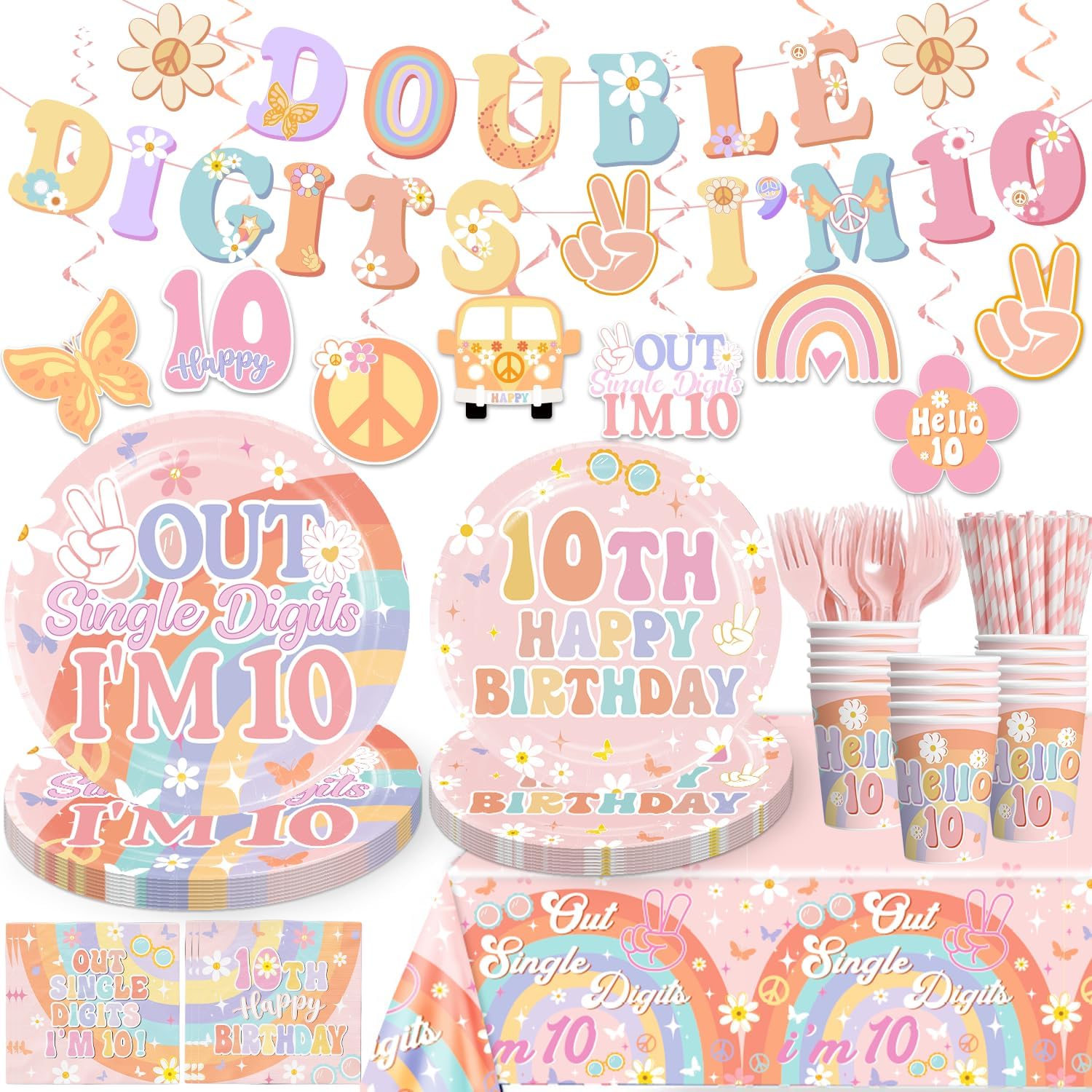 168pcs 10th Birthday Decorations for Girl Tableware Set, Out Single Digits Party Decor Groovy Double Digits Birthday Girl Plates Napkins Banner 10
