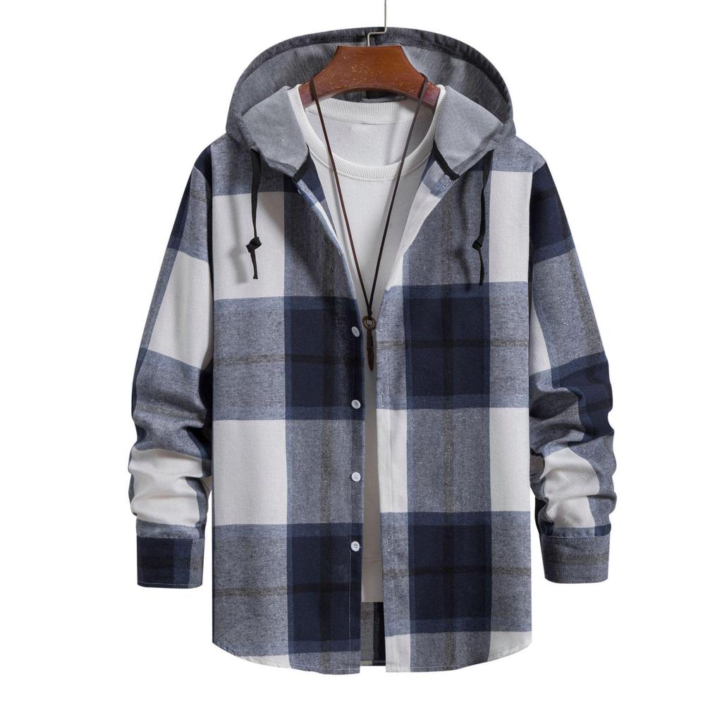 Chemise Décontractée à Capuche à Manches Longues à Carreaux Style Coréen pour Homme - Tendance Printemps/Automne 2026