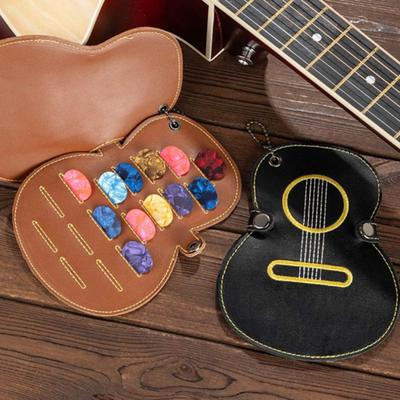 Guitar Picks Case Guitar-Shape Guitar Picks Holder Keychain with 17 Slots Faux Leather Picks