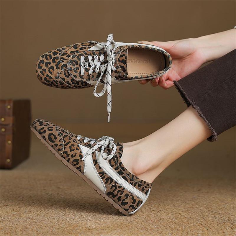 Fashion New Spring Genuine Leather Woman Shoes Square Toe Women Pumps Shoes for Women Lace Loafers Low Heel Leopard Print Flat Shoes