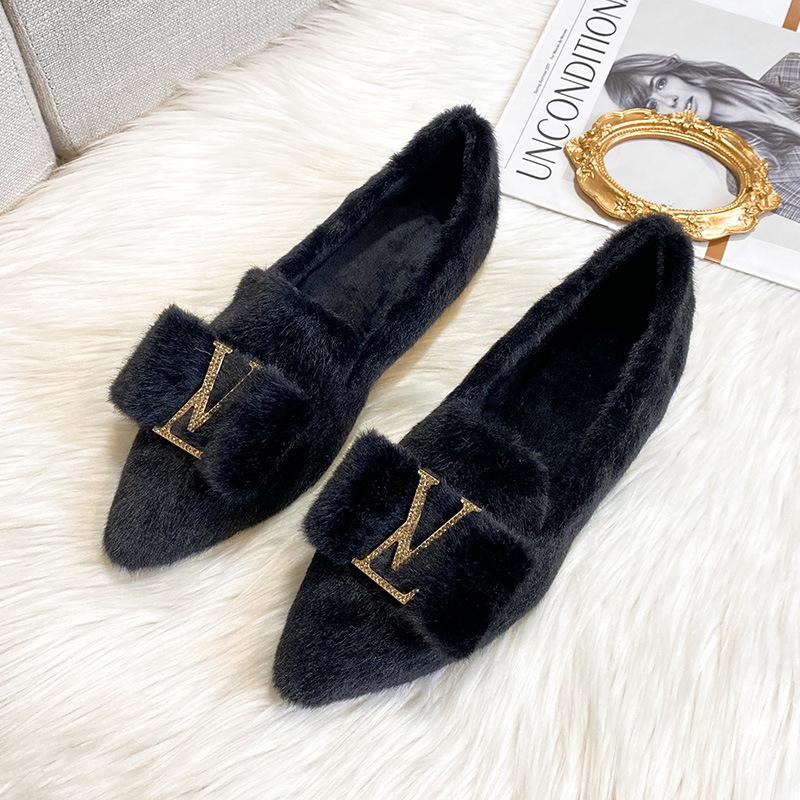 

Остроносые женские зимние туфли 2025 новая бархатная обувь на высоком каблуке, одинарные туфли Doudou, хлопковые женские туфли, большой размер 41-43 38 чёрный