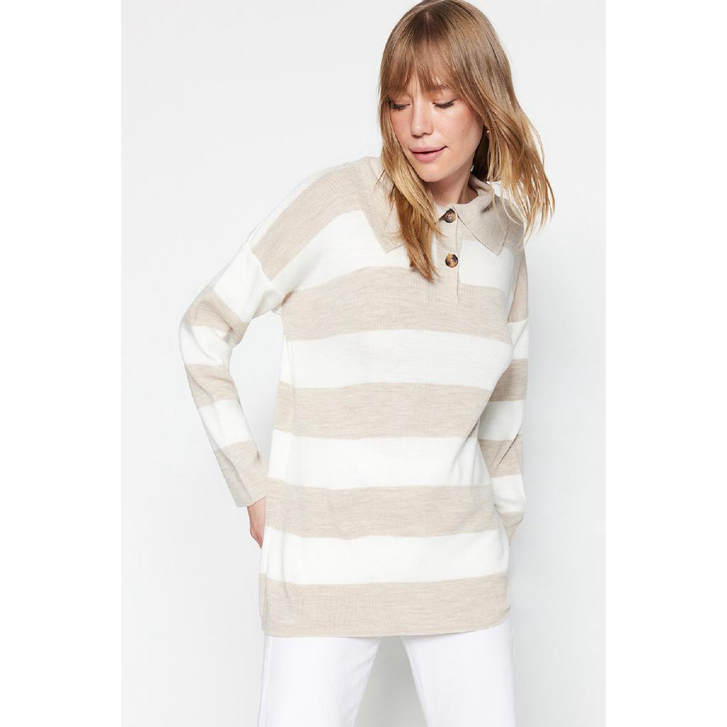 Schwarz gestreifter Strickpullover mit Rollkragen Tctaw23kz00039