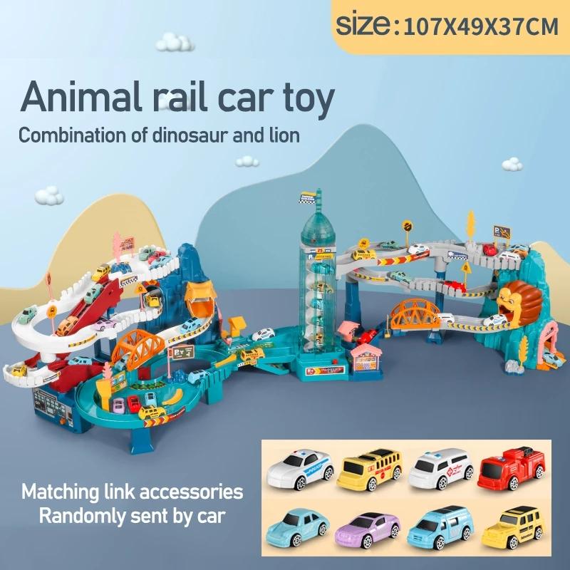 Voiture électrique sur rail Dinosaure Bâtiment Parking Aventure Course Voiture sur rail Jouets Enfants Cerveau Mécanique Interactif Voitures sur rail