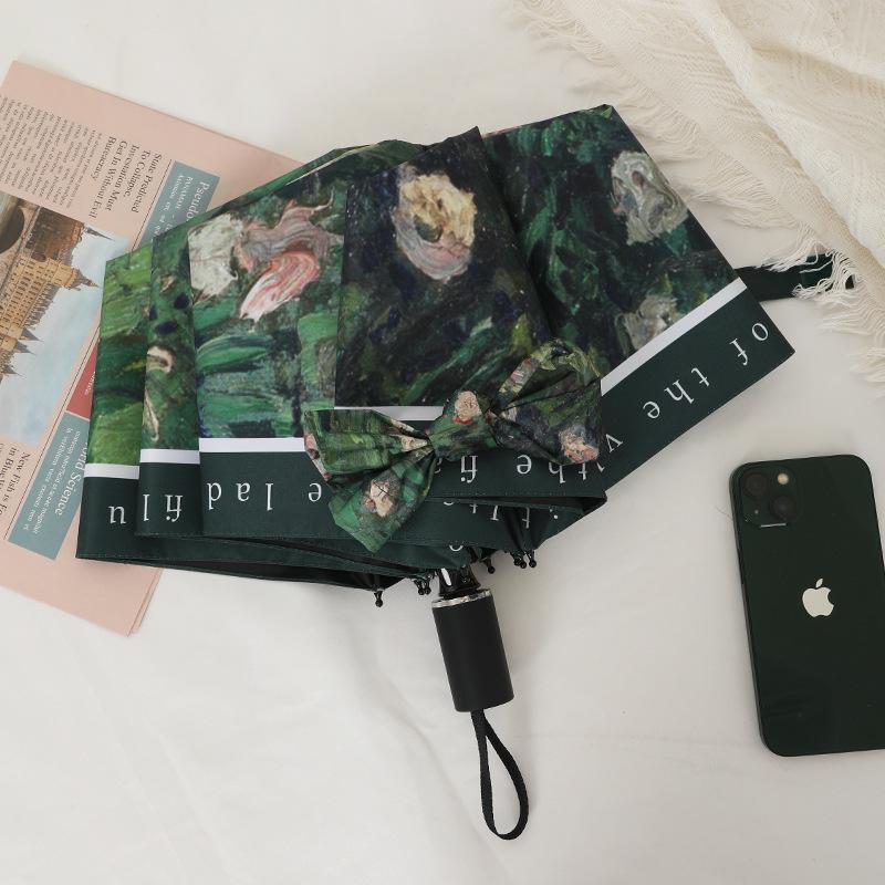 Automatic oil painting umbrella folding female vinyl anti-ultraviolet sunscreen sun umbrella custom logo