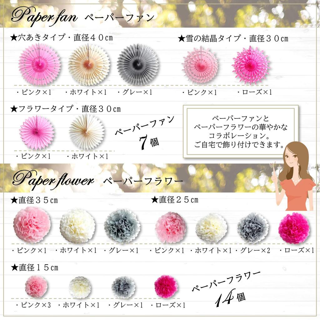 deerzon Birthday Decoration Set Paper Paper Garland 24-Piece Fans, Flowers, (Pink)