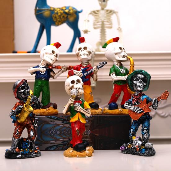 Rock Skeleton Figurine Skeleton Band Saxophonist Decoration Skeleton Guitarist Singer Statue Halloween Desktop Ornament for Mantel Shelf