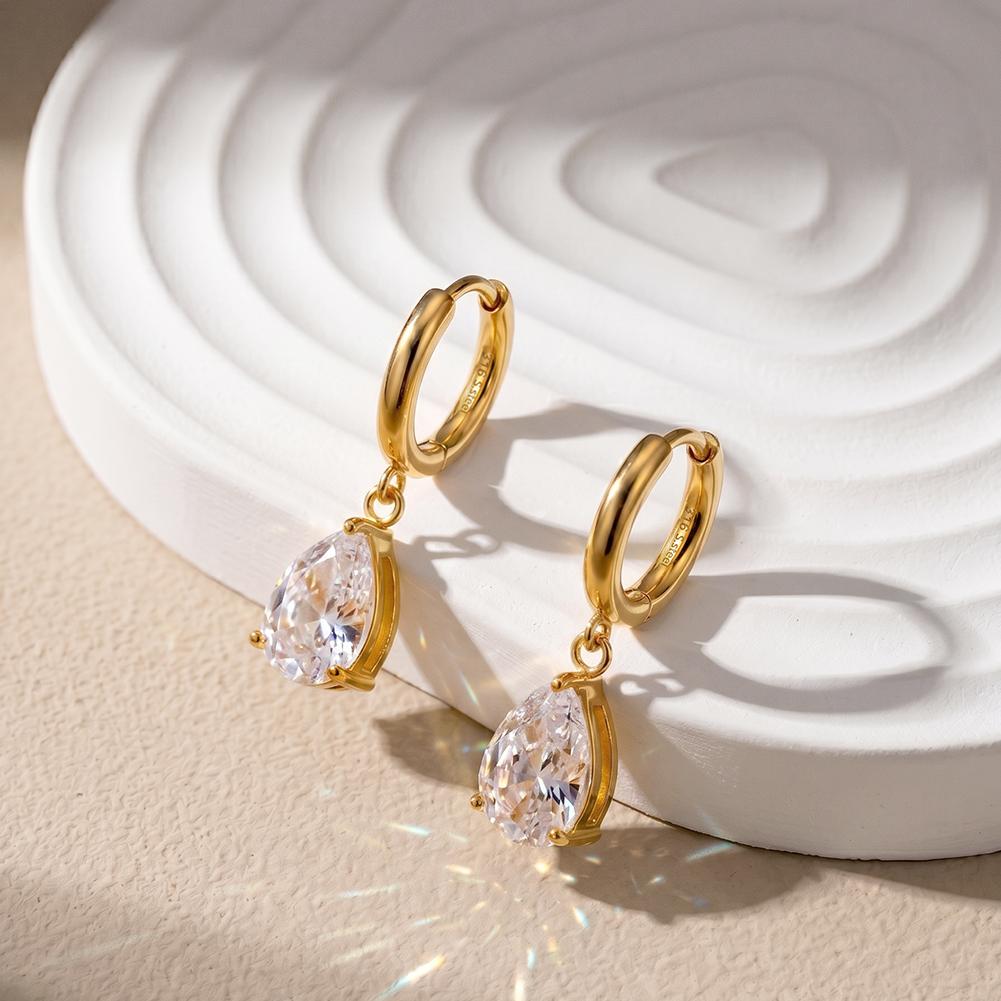 HTKE07 316L Stainless Steel Teardrop Cubic Zirconia Dangle Huggie Earrings Hypoallergenic Water Drop CZ Drop Earrings for Women