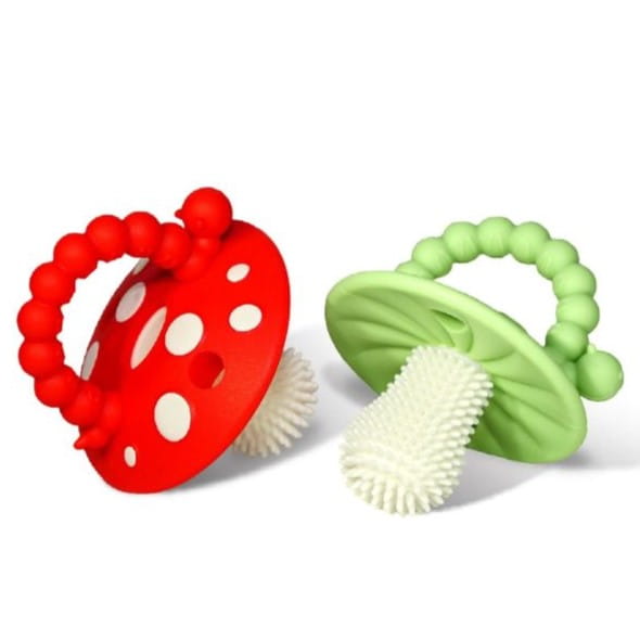 Anneau de dentition logopédique pour la poussée dentaire Champignon 2 Pièces. Rouge et Vert, Razbaby
