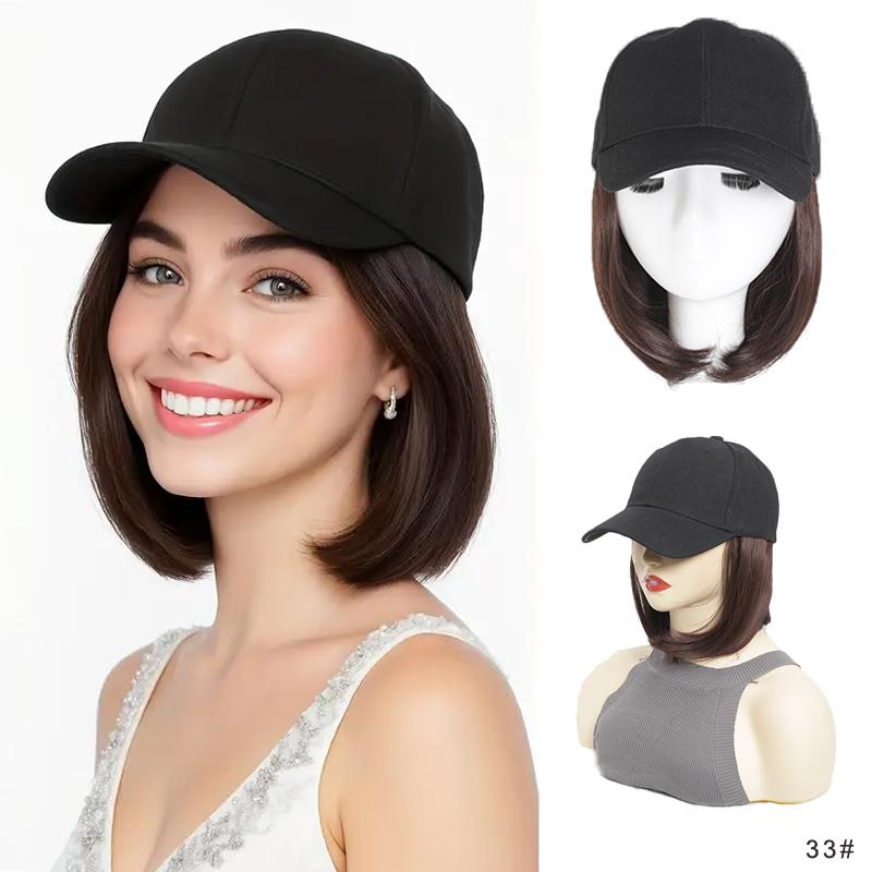 Hut Perücken Kurze Gerade Bob Frisur Perücke mit Basecap für Damen Synthetische Hitzebeständige Haar Perücken mit Verstellbarem Hut
