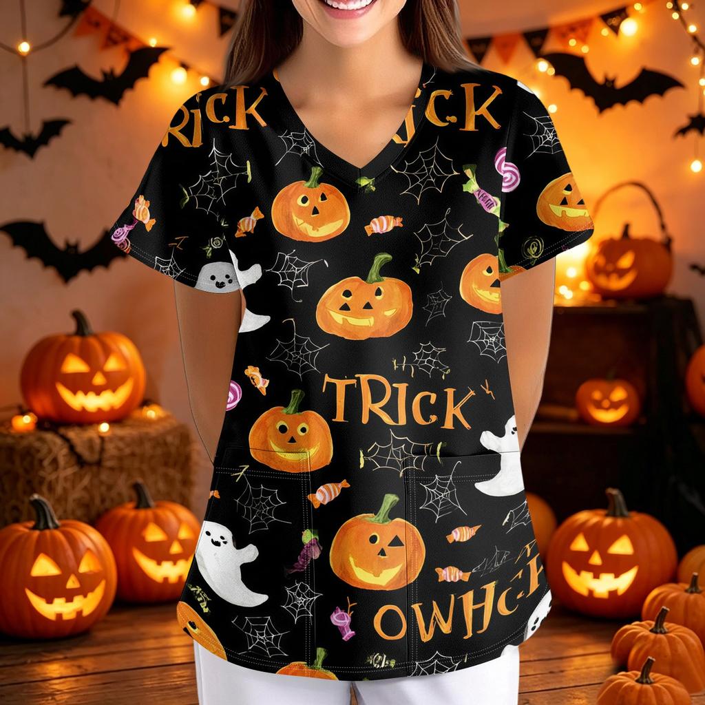 Women Halloween Print Loose V Neck Short Sleeve Medical Scrub Top Nurse Uniform with Pockets Comfortable Fit Professional Workwear