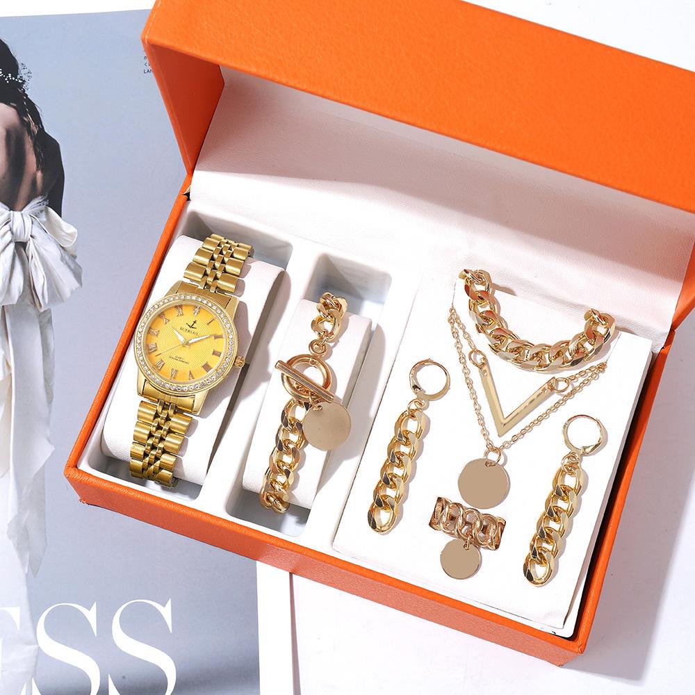 Waterproof Women'S Watch With Diamond Roman Face Women'S Belt Steel Belt Five-Piece Set Bracelet Necklace Set Watch
