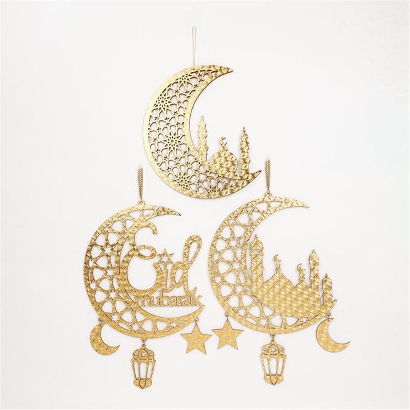 Eid Mubarak Home Decoration Golden Moon and Star Wood Holiday Pendant Decorative Hanging Ornament for Home Office