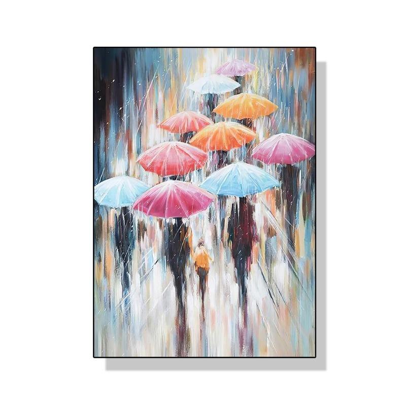 Abstract colourful umbrella landscape in the rain canvas painting oil wall of art for the modern living room home decor cuadros