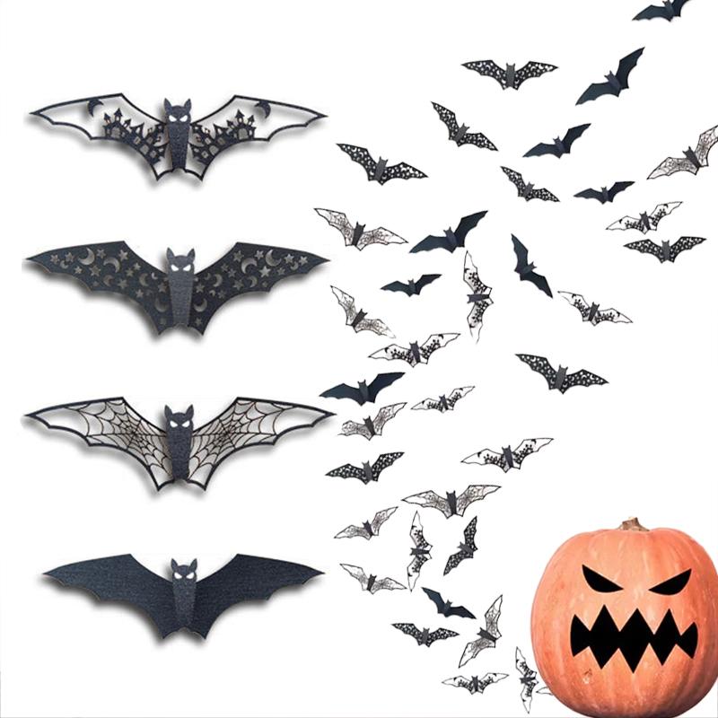 3D Bat Wall Stickers Hollow Out Black Bat Mini Halloween Decoration For DIY Halloween Party Horror House Scary Decal Decor TMZ