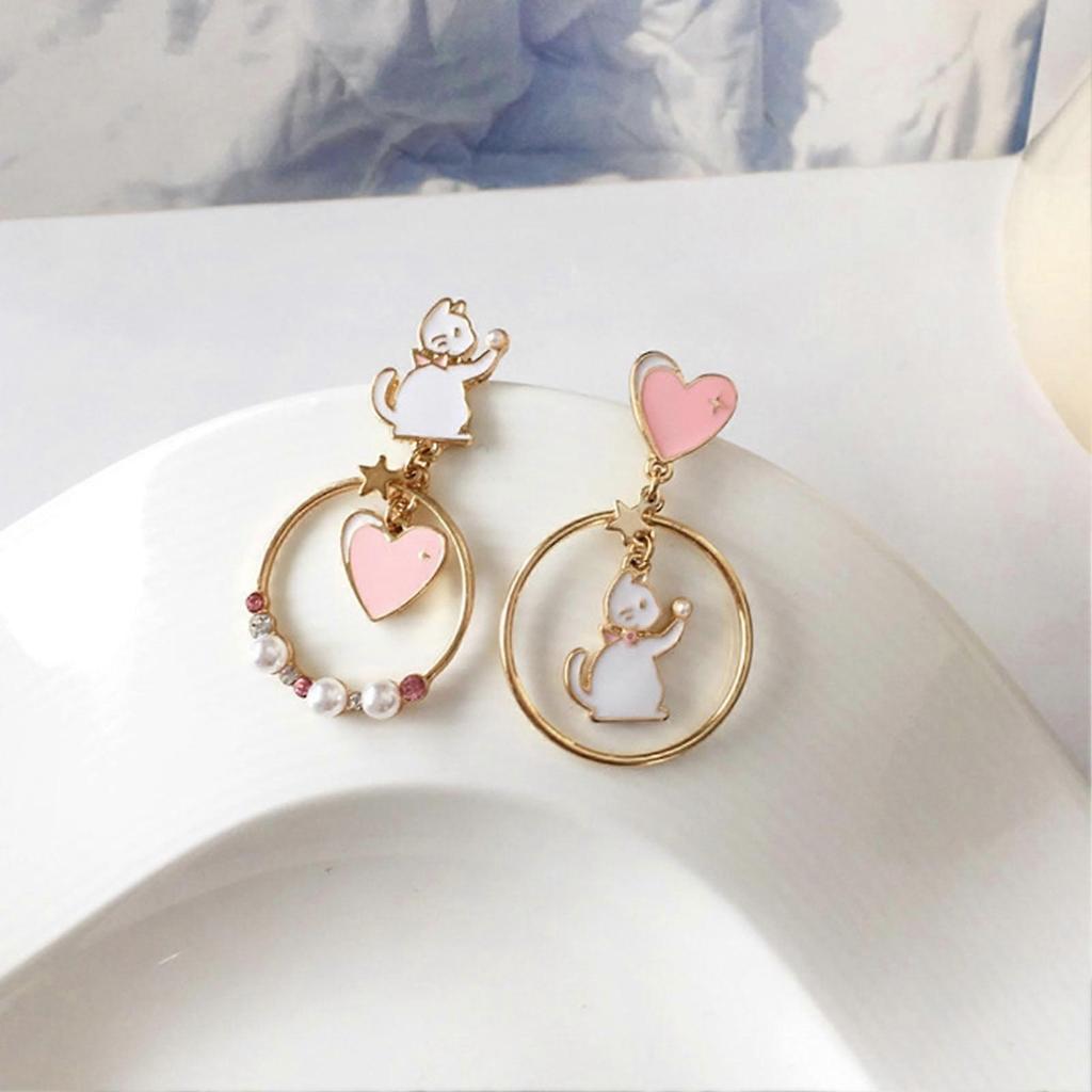 1 Pair Stud Earrings Japan Korea Style Hollow Ring Rhinestone Faux Pearl Gift Fun Cartoon Cat Love Heart Girls Drop
